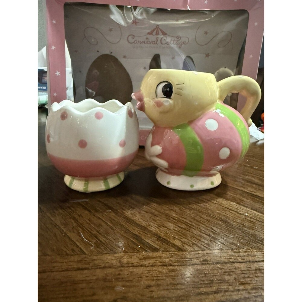 Johanna Parker Chick Egg Cream & Sugar Set Carnival Cottage *Flaws*